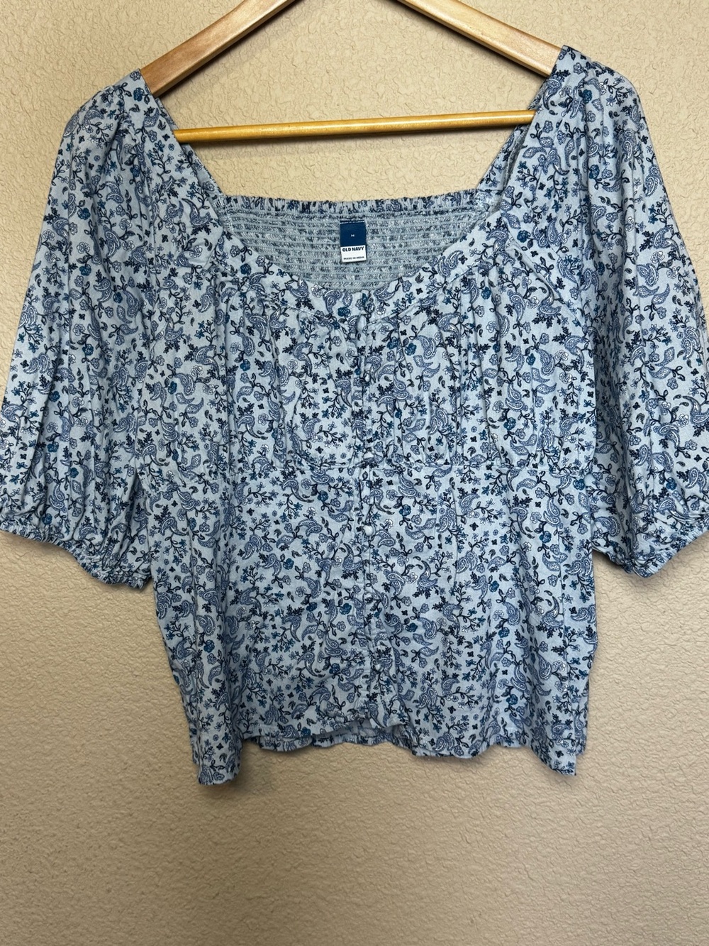Old Navy Blue Paisley Boho Peasant Blouse Cottagecore Puff Sleeve Smocked Back M